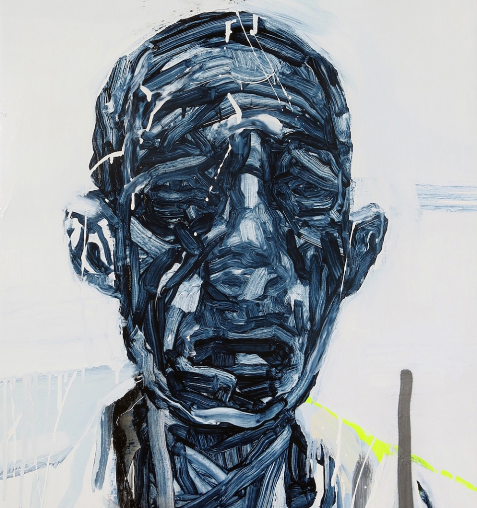 Andy Quilty who would win in a fight between my dad and your dad 76 x 71cm oil enamel and aerosol on canvas 2015