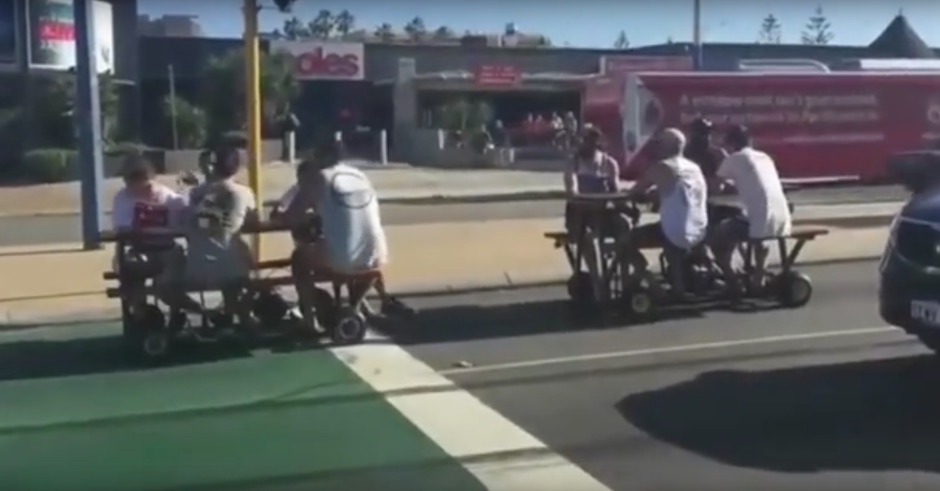 Perth dudes having a few quiet ones on motorised picnic tables capture the hearts of a nation
